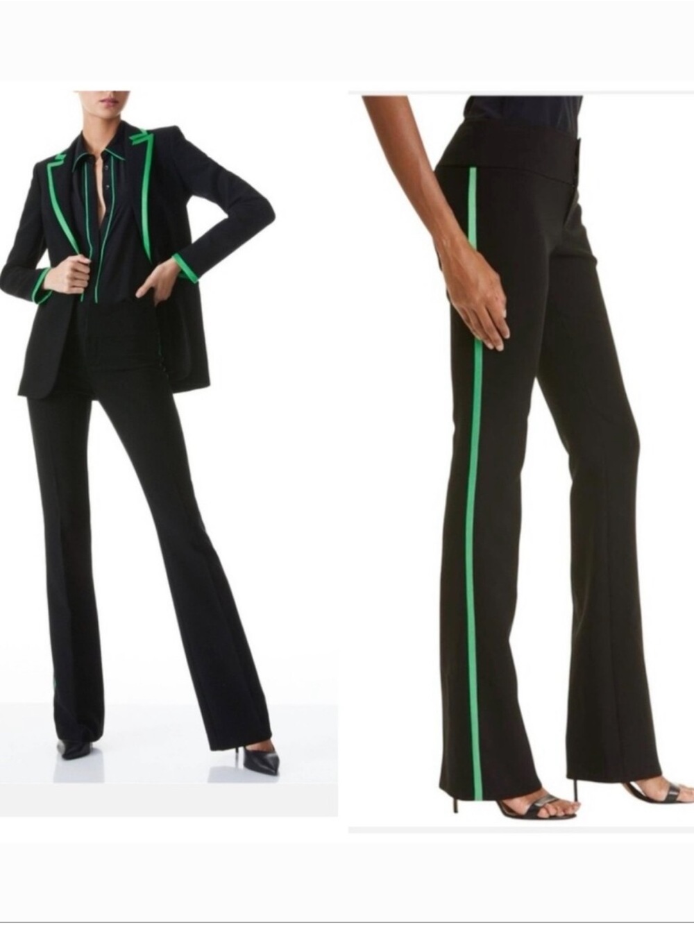 Alice + Olivia Black Boot-Cut Pants with Lime Green Side Stripe